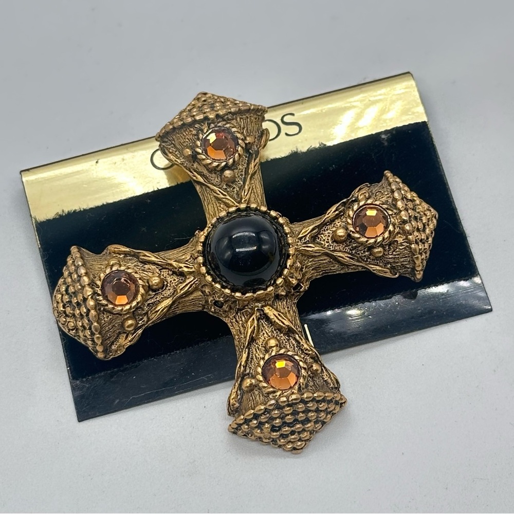 Vintage Gantos Maltese Cross Brooch Pin Brass Gold Tone Runway 90s NOS